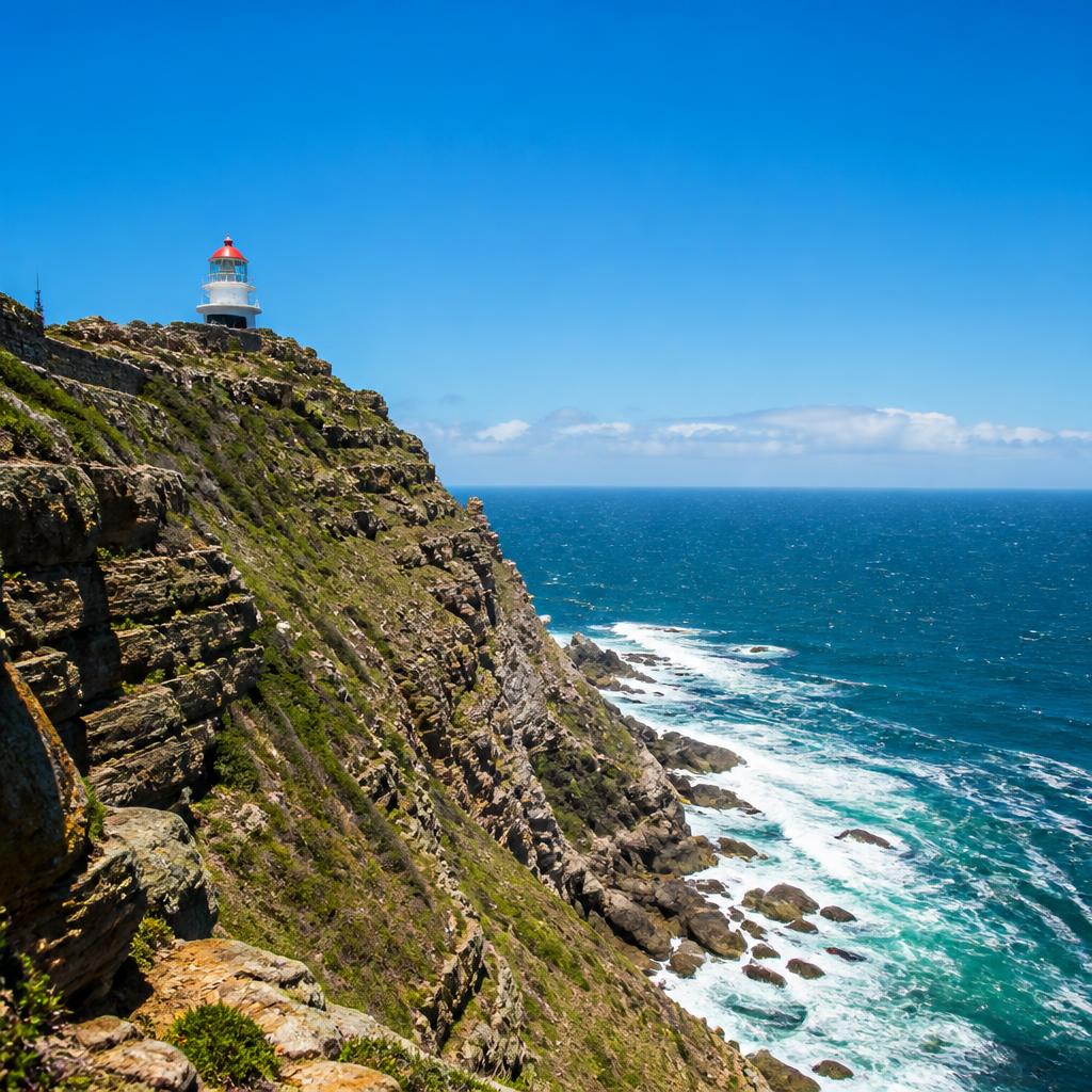 Cape Point lighthouse on dramatic rocky cliffs at the southern tip of the Cape Peninsula, where the Atlantic and Indian Oceans meet