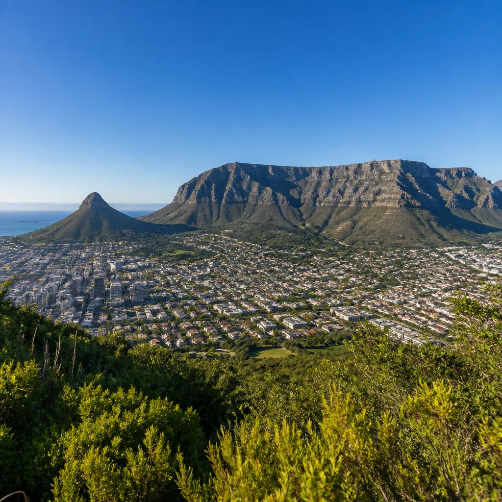 The flat-topped summit of Table Mountain above Cape Town, with Lion's Head, the Atlantic Ocean and the city bowl below