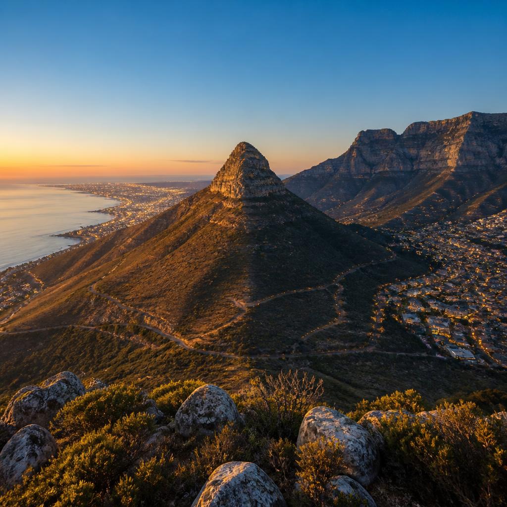 The conical peak of Lion's Head rising above Cape Town at golden hour, with the Atlantic seaboard and city below