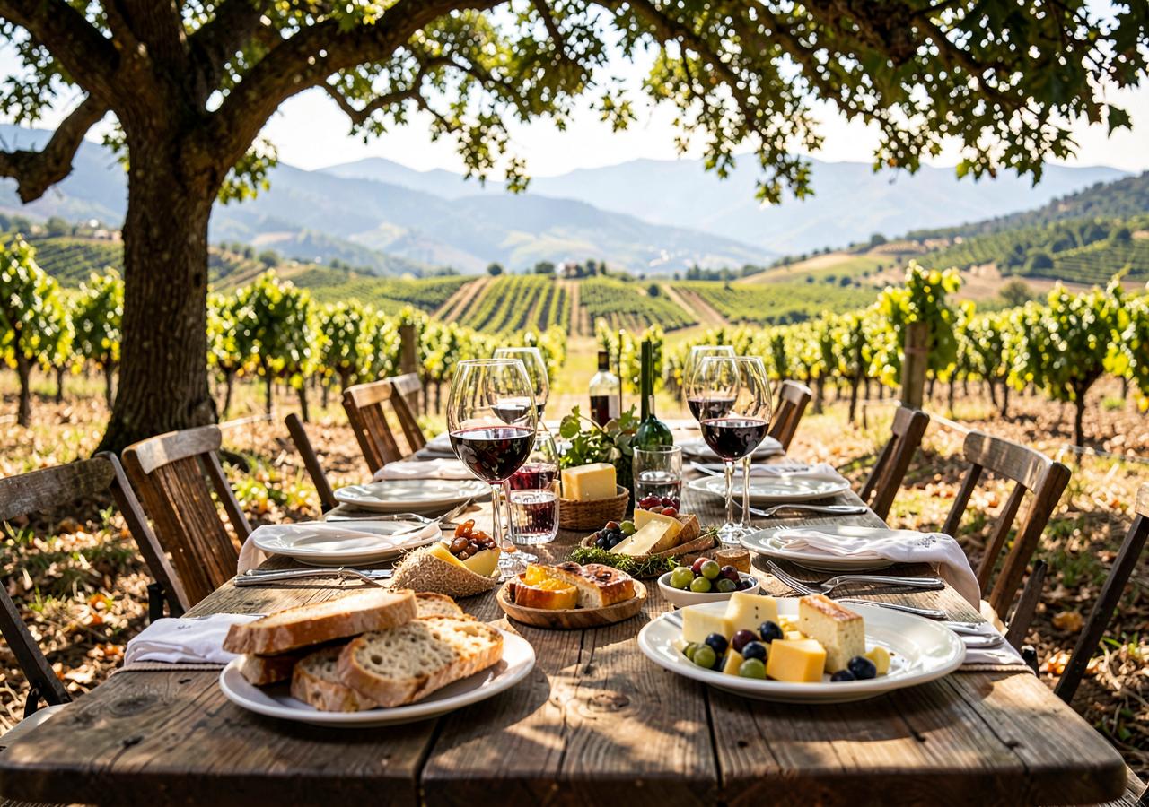 Long table lunch with wine, bread and cheese on a Cape wine farm